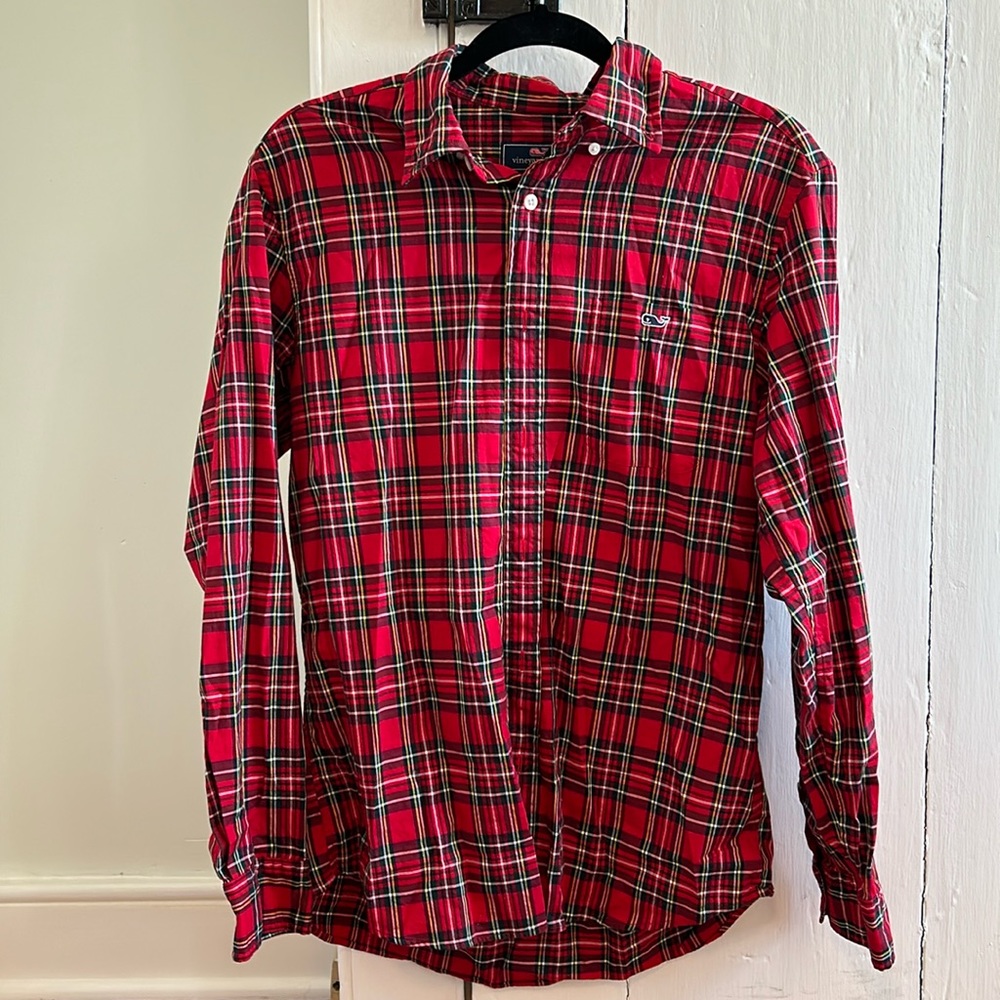 Vineyard vines boys dress shirts. The red is a medium and the pink is a large.